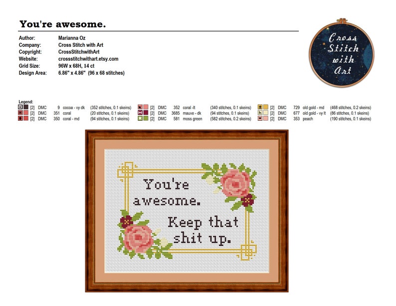 K&ouml;nnte beinhalten: Kreuzstich-Kunstwerk in einem Holzrahmen. Das Design zeigt den Text "You're awesome. Keep that shit up." umgeben von floralen Akzenten in Rosa, Gr&uuml;n und Burgunderrot. Der Designbereich ist 17,42 cm x 12,34 cm gro&szlig;.