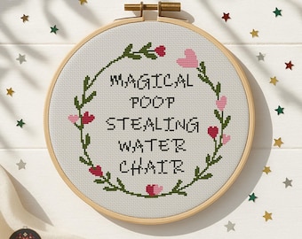 Magical Poop Stealing Water Chair Cross Stitch Pattern PDF. Funny Bathroom Decor with Floral Wreath Embroidery