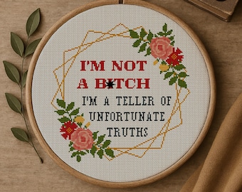 Snarky Sarcastic Cross Stitch Pattern, Sweary Quote with Floral Wreath (PDF Download)