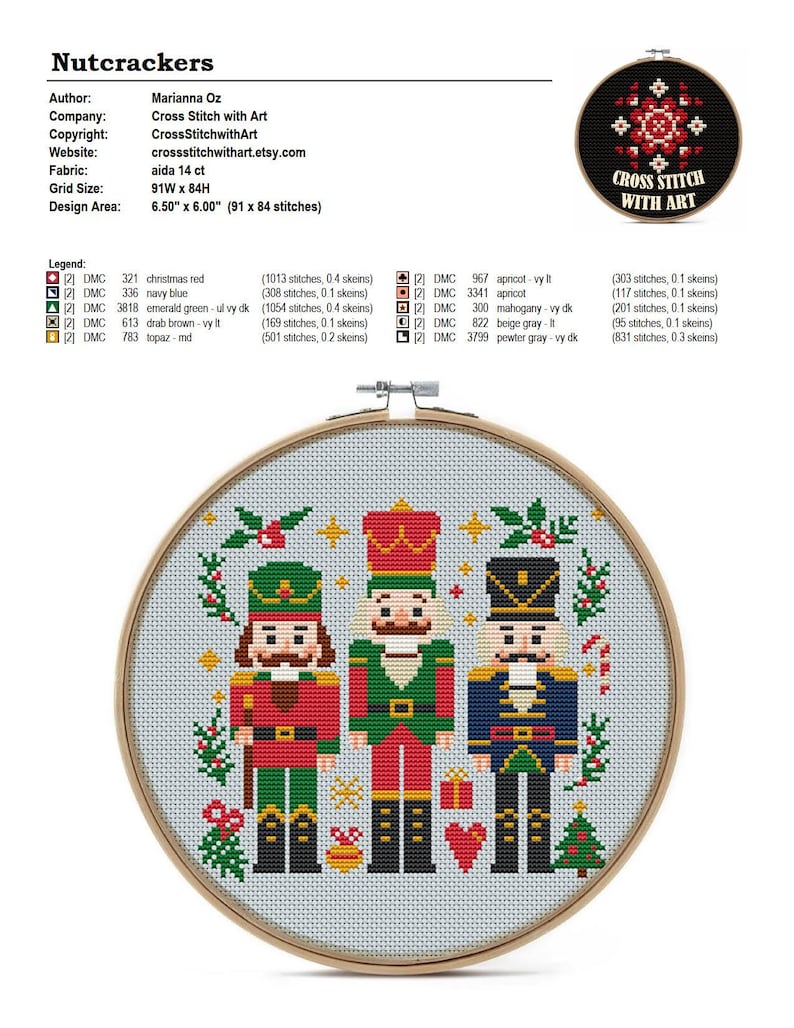 May include: Cross-stitch pattern featuring three toy nutcrackers in red, green, and blue uniforms, surrounded by festive holiday elements. The design area is 6.50" x 6.00" (16.51 cm x 15.24 cm). The text "Nutcrackers" is at the top.