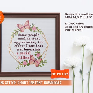 Snarky cross stitch pattern. Not becoming a serial killer. Sassy cross stitch Home decor. Modern cross stitch PDF. Adult rude cross stitch image 3