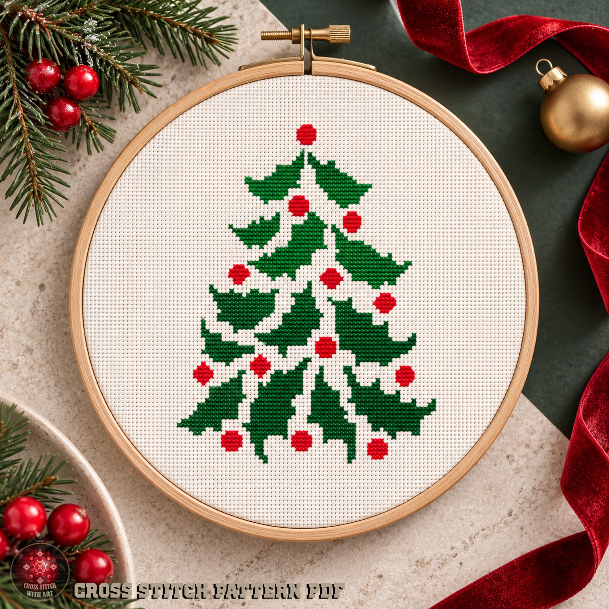 クリスマスツリーのクロスステッチパターン：簡単なクリスマス刺繍