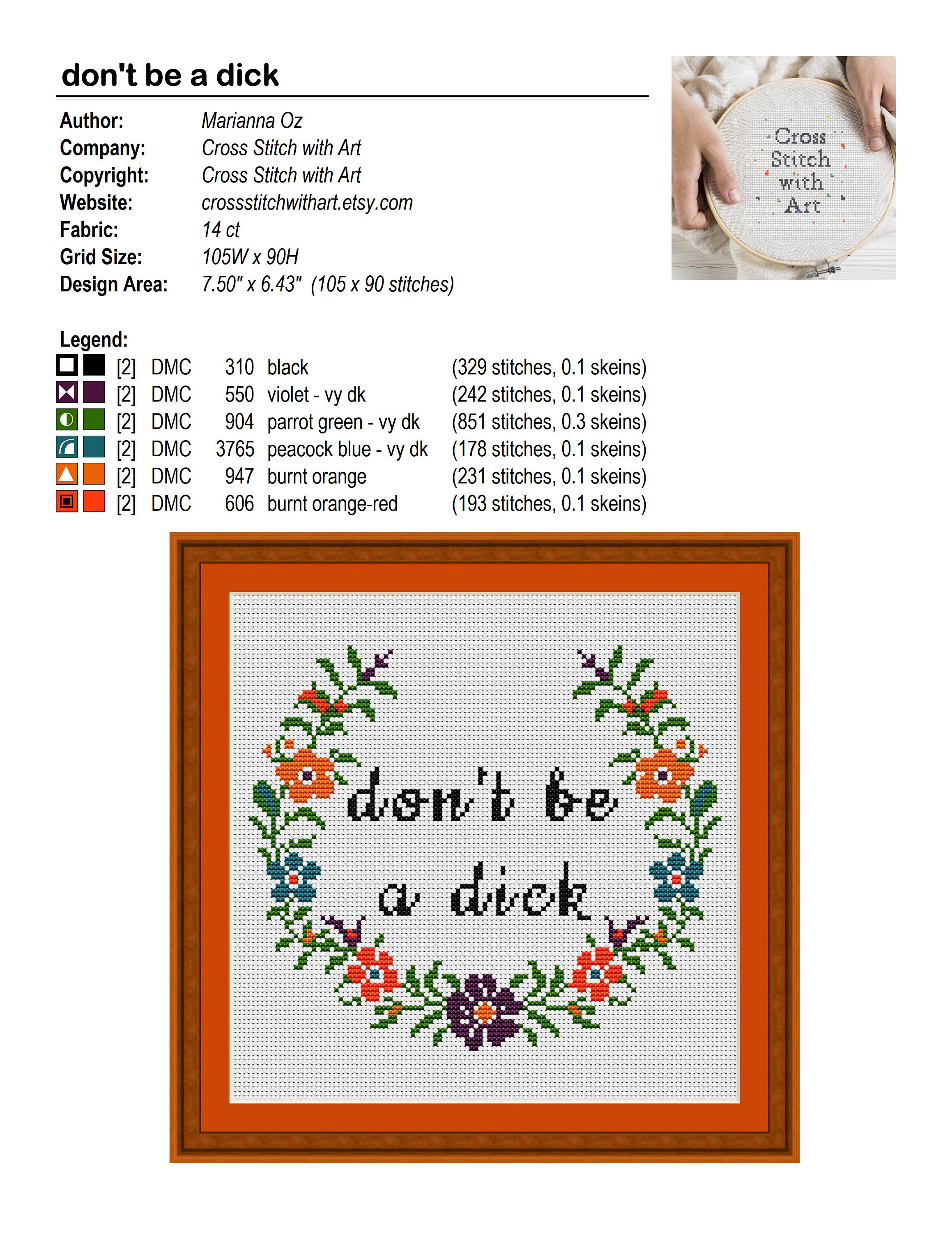 Rude Cross Stitch Pattern. Don't Be a Dick. Snarky Cross Etsy