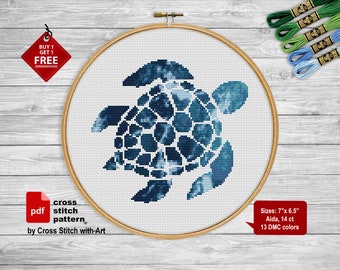 Nature cross stitch pattern. Nautical cross stitch PDF. Turtle cross stitch. Sea animal cross stitch. Water, ocean cross stitch, embroidery