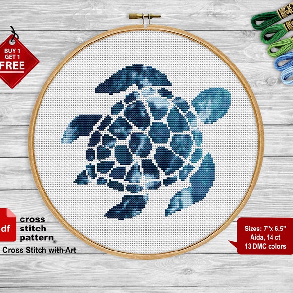 Nature cross stitch pattern. Nautical cross stitch PDF. Turtle cross stitch. Sea animal cross stitch. Water, ocean cross stitch, embroidery