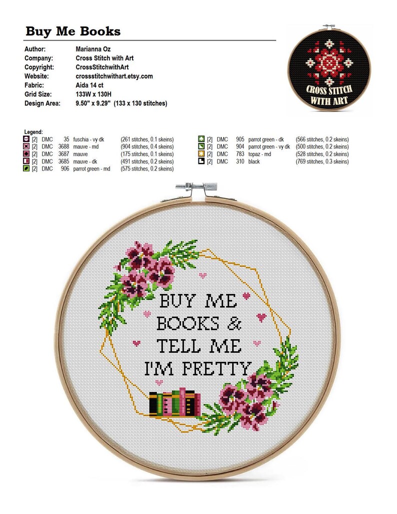 May include: Cross-stitch embroidery hoop with the text "Buy Me Books & Tell Me I'm Pretty." The design includes floral accents, a gold geometric shape, and a small stack of books. The design area is 9.50" x 9.29".