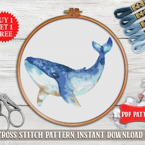 Whale cross stitch pattern Nautical cross stitch PDF Sea animal cross stitch Oceanic fish cross stitch Modern cross stitch digital printable
