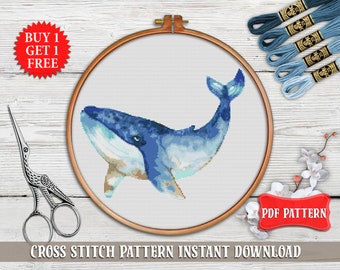 Whale cross stitch pattern Nautical cross stitch PDF Sea animal cross stitch Oceanic fish cross stitch Modern cross stitch digital printable