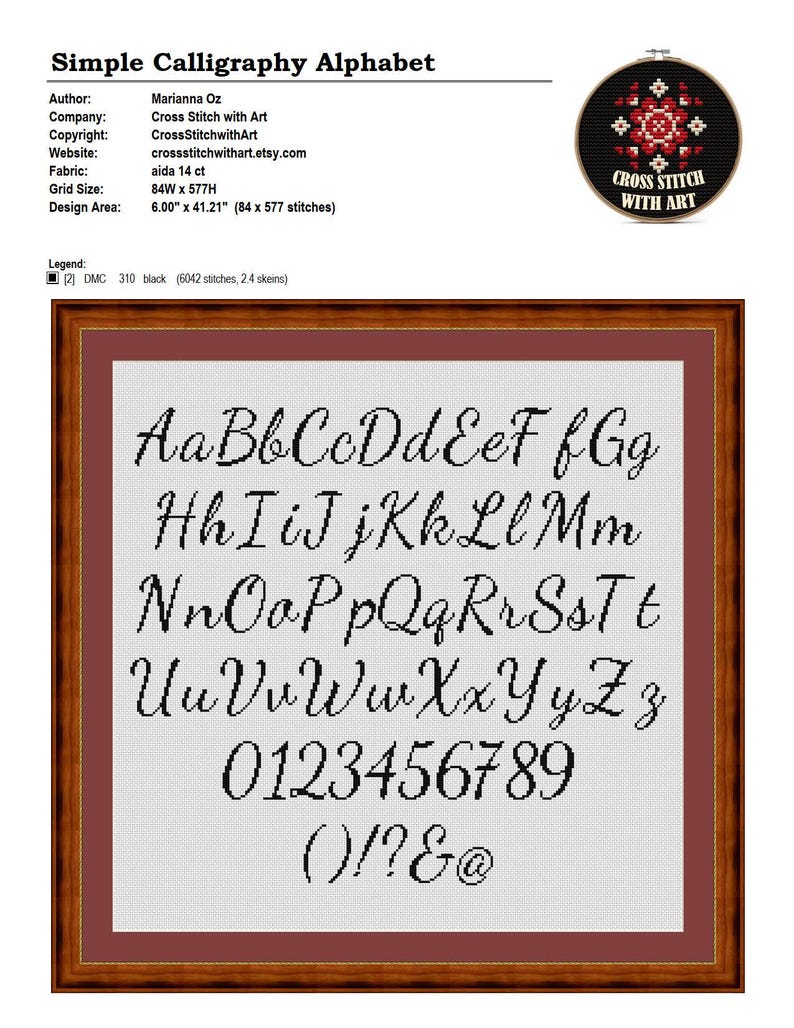 Full Alphabet Font Cross Stitch Pattern PDF. ABC Calligraphy Embroidery ...