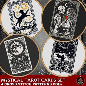 Mystische Tarotkarten Kreuzstichmuster Bundle - 4 Gothic Stickdateien PDFs, Die Katze, Die Liebenden, Der Mond, Der Sturm - Elegante Wandkunst