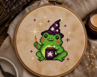 Frog Wizard Cross Stitch Pattern: Cottagecore Witchy Embroidery (Digital Download)