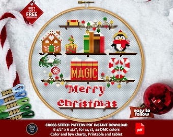 Merry Christmas cross stitch pattern. Xmas cross stitch PDF. Bookshelf. Snow. Winter holiday cross stitch. Easy counted cross stitch chart