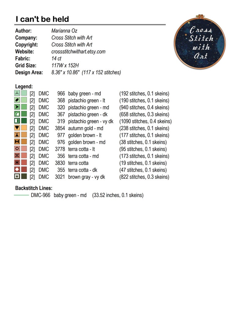 May include: A cross-stitch pattern chart with the text "I can't be held." The design area is 8.36" x 10.86". The chart includes a legend with DMC thread colors and stitch counts. A circular logo with the text "Cross Stitch with Art" is in the upper right corner.