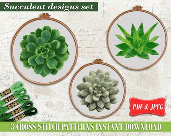 Succulent cross stitch pattern. Cactus Bundle cross stitch PDF. Plant cross stitch, Echeveria Sedeveria Aloe vera Counted cross stitch chart