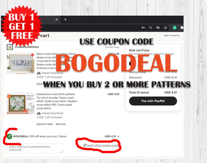 May include: Screenshot of a website with a "BOGO DEAL" offer for cross stitch patterns. The website is offering a 50% discount when you buy two or more patterns. The website is called "CrossStitchWithArt".