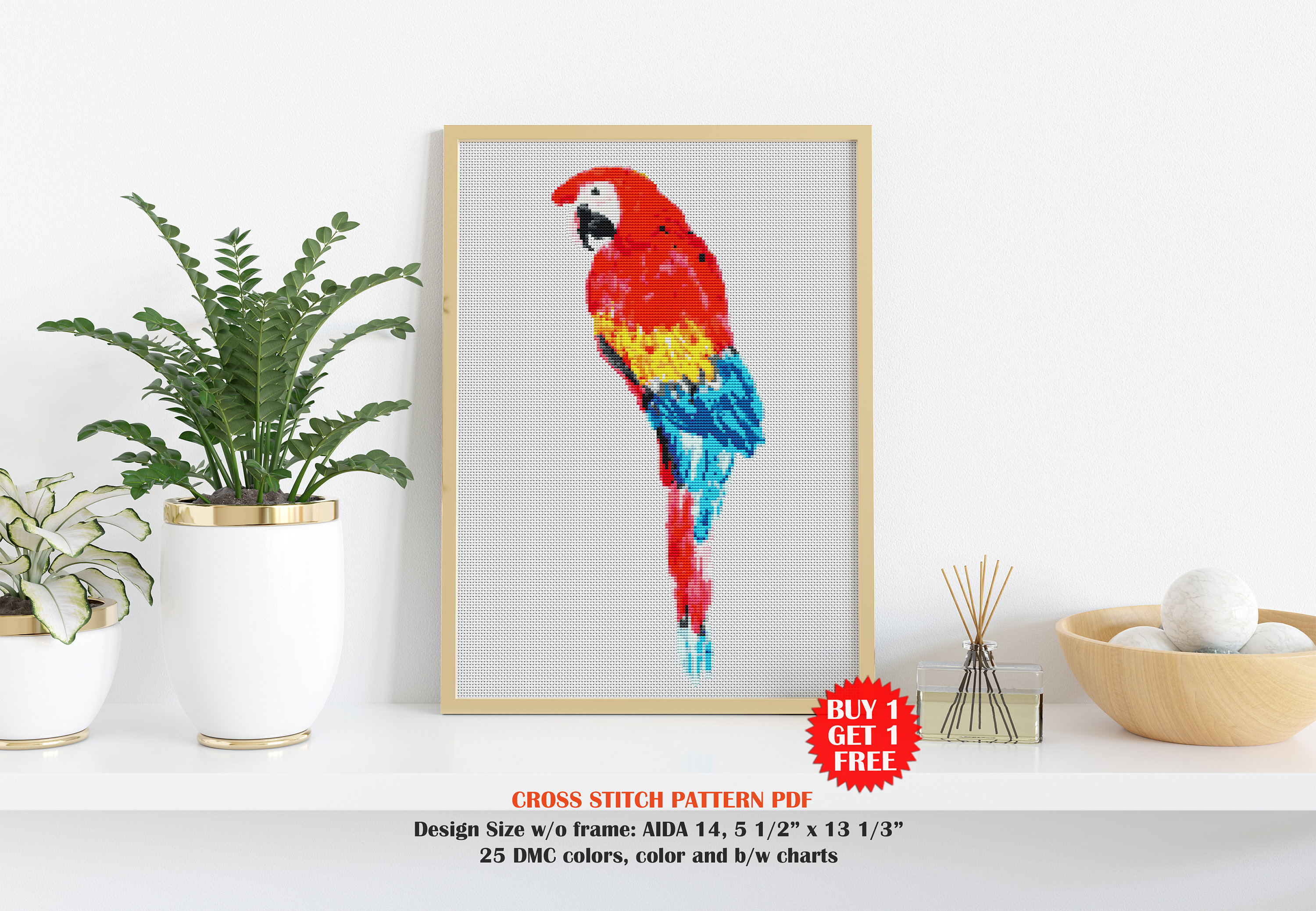 Art Nouveau Parrot Bird Tropical Foliage Counted Cross Stitch Pattern