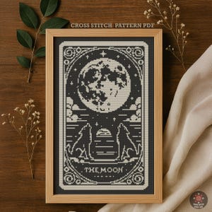Moon Tarot Card Cross Stitch Pattern – Gothic Wolves Embroidery (PDF)
