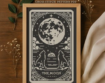 Moon Tarot Card Cross Stitch Pattern – Gothic Wolves Embroidery (PDF)