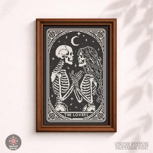 The Lovers tarotkaart kruissteekpatroon – gotisch skeletontwerp (pdf-patroon)