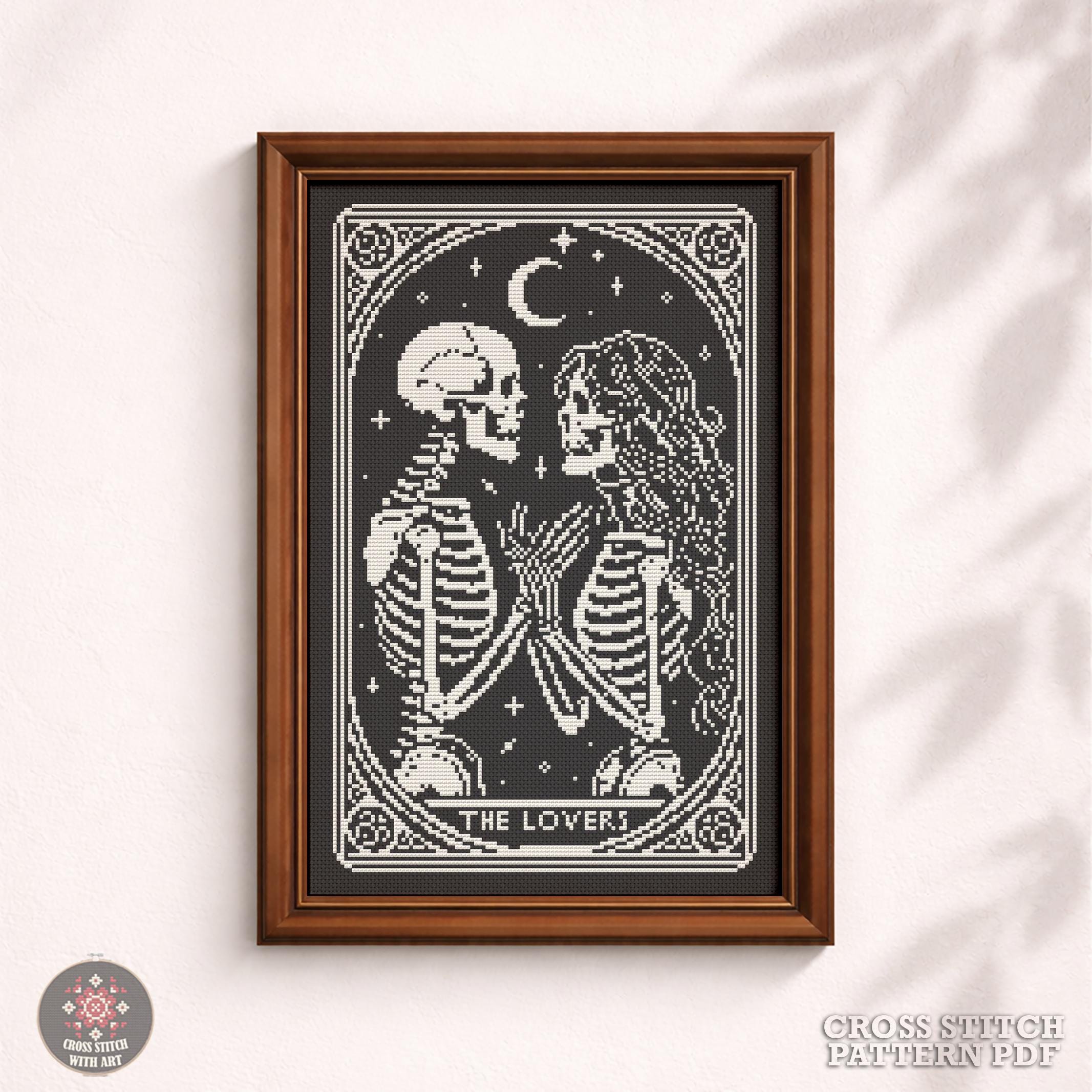 The Lovers Tarot Card Cross Stitch Pattern – Gothic Skeleton