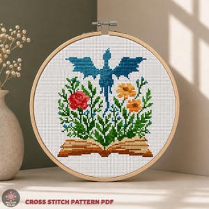 Book Dragon Cross Stitch Pattern – Whimsical Bookish Fantasy Embroidery (PDF)