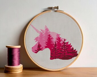 Puede incluir: Un patrón de punto de cruz de una cabeza de unicornio con una silueta de bosque en tonos rosas y rojos, en un bastidor de bordado de madera. El texto "CROSS STITCH PATTERN PDF" es visible. Una bobina de hilo rosa oscuro está a la izquierda.