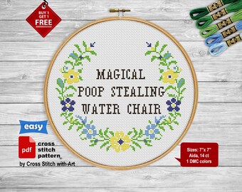 Sassy cross stitch pattern. Magical poop stealing water chair. Cheeky cross stitch PDF. Snarky cross stitch. Easy flower cross stitch wreath