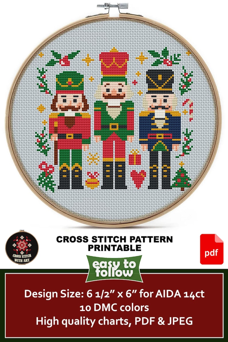 May include: A cross-stitch pattern featuring three toy soldiers in red, green, and blue uniforms, set against a light blue background. The design is framed in a wooden hoop and includes Christmas-themed elements. The text "CROSS STITCH PATTERN PRINTABLE" is also visible.