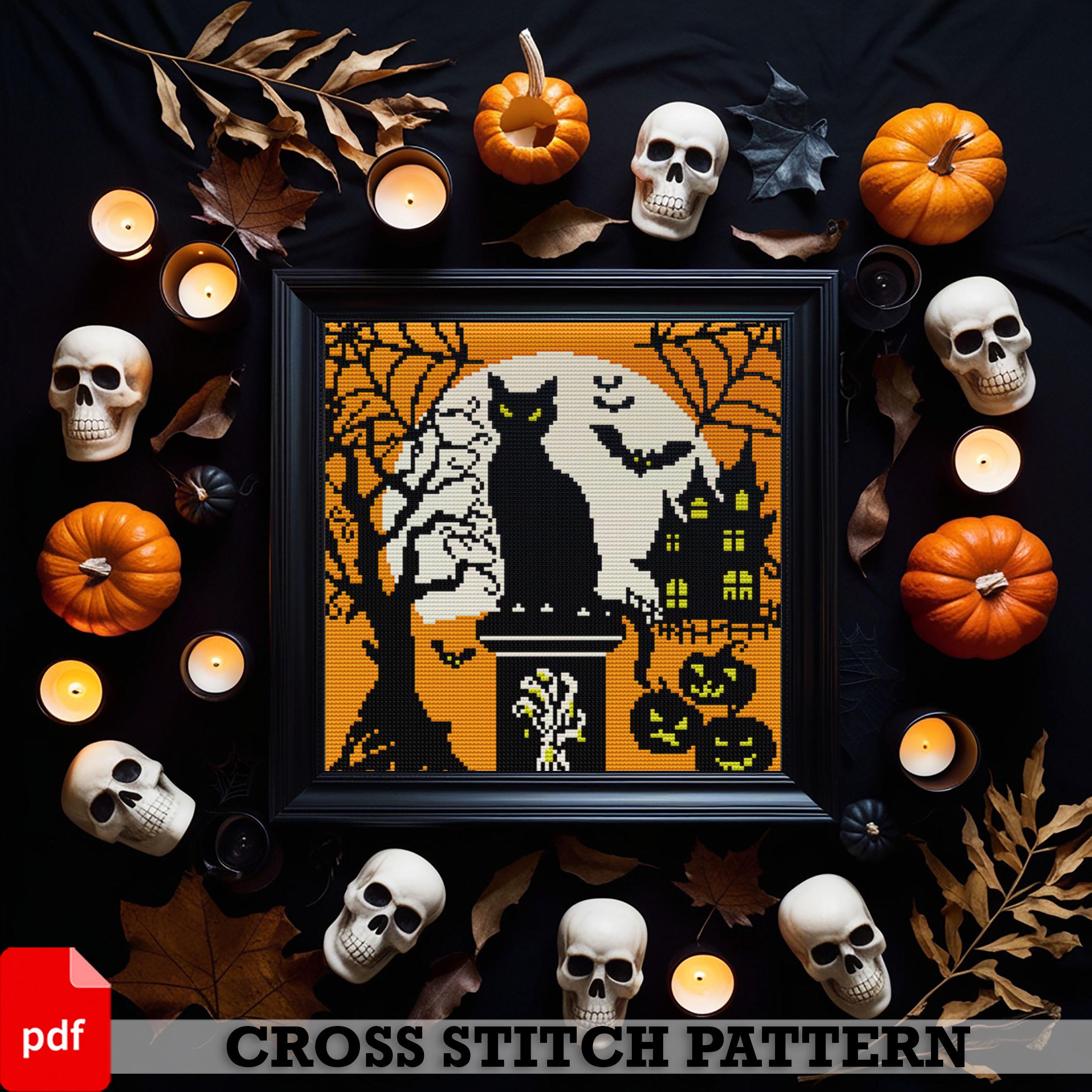 Halloween Black Cat Cross Stitch Pattern | Spooky Graveyard (PDF) - Etsy