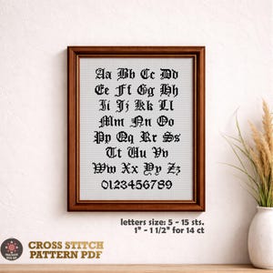 Padrão de Ponto Cruz do Alfabeto Gótico - Amostra ABC, Desenho de Bordado de Letras (Download em PDF)
