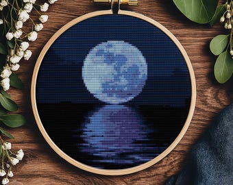 Moonlit Night Cross Stitch Pattern, Landscape Embroidery (PDF Chart, Full Coverage)