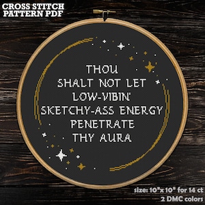 May include: A circular wooden embroidery hoop containing black fabric with white cross-stitched text that reads: THOU SHALT NOT LET LOW-VIBIN' SKETCHY-ASS ENERGY PENETRATE THY AURA. The design includes gold and white stitched stars and a curved line.