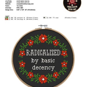 Pode incluir: Um bastidor de bordado em ponto cruz com as palavras "RADICALIZED by basic decency" em branco sobre um fundo preto, rodeado por flores vermelhas e folhas verdes. O desenho est&aacute; num bastidor de madeira.