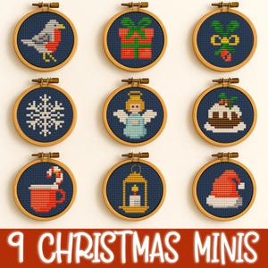 Christmas Mini Cross Stitch Pattern PDF – 9 Cute Holiday Designs with Angel, Santa Hat, Snowflake & Cocoa – Festive Ornament Embroidery Set