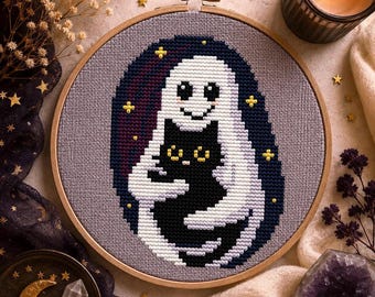 Patrón de punto de cruz de fantasma con gato, bordado de Halloween (PDF)