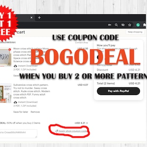 May include: Screenshot of a website with a "BOGO DEAL" offer for cross stitch patterns. The website is offering a 50% discount when you buy two or more patterns. The text "BOGO DEAL" is in large red letters and the website is called "CrossStitchWithArt".