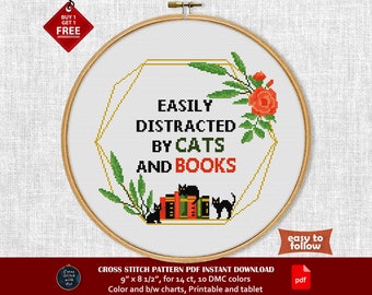 Ealisy Distracted Cats Books cross stitch pattern. Sassy cross stitch PDF. Funny counted cross stitch. Cat lover gift, Bookworms embroidery