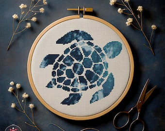 Sea Turtle Cross Stitch Pattern | Navy Ocean Embroidery (PDF Download)