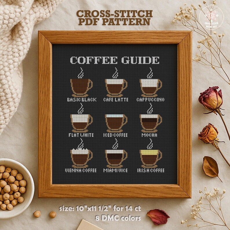 Coffee Guide Cross Stitch Pattern PDF. Modern Kitchen Decor Embroidery Design. Coffee Lovers Gift image 2