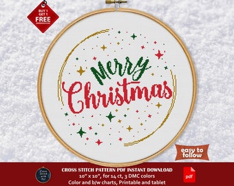 Merry Christmas cross stitch pattern. Modern Xmas cross stitch PDF. Christmas lettering. Winter cross stitch Easy counted cross stitch chart