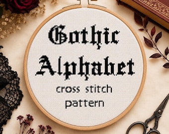 Gothic Alphabet Cross Stitch Pattern, Goth Font Embroidery Design (PDF Download)