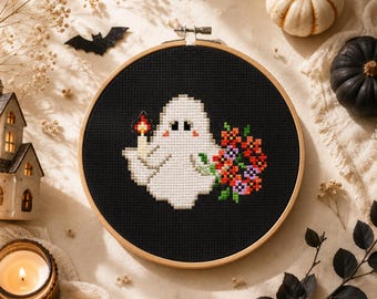 Halloween Cross Stitch Pattern, Ghost with Flowers, Spooky Gothic  Embroidery (PDF)