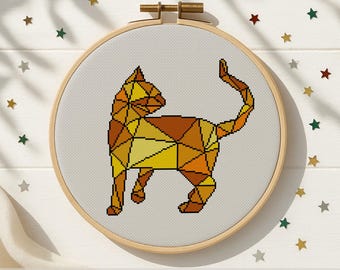 Geometric Cat Cross Stitch Pattern, Modern Animal Embroidery (PDF)