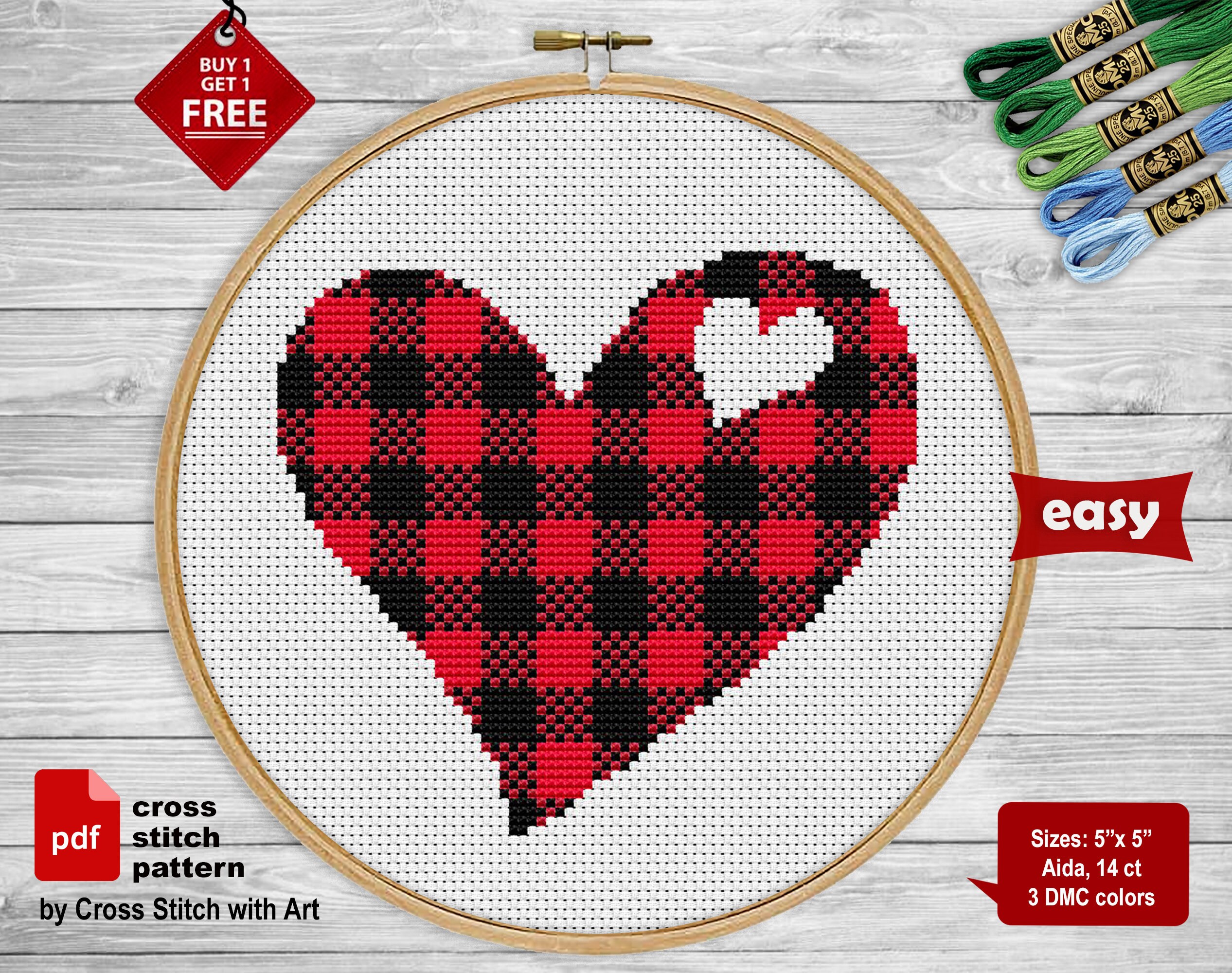 5 Heart Cross Stitch Pattern. Tartan Plaid Cross Stitch Etsy UK