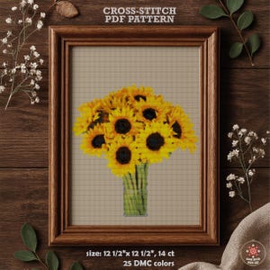 Sunflower Bouquet Cross Stitch Pattern PDF, Large Realistic Floral Design in Vase, Bright Botanical Printable Embroidery Chart Wall Art