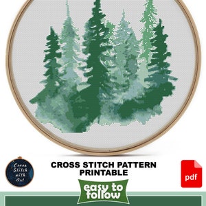 Watercolor Forest cross stitch pattern. Modern cross stitch PDF. Counted cross stitch chart, Pine tree, nature cross stitch, landscape image 3