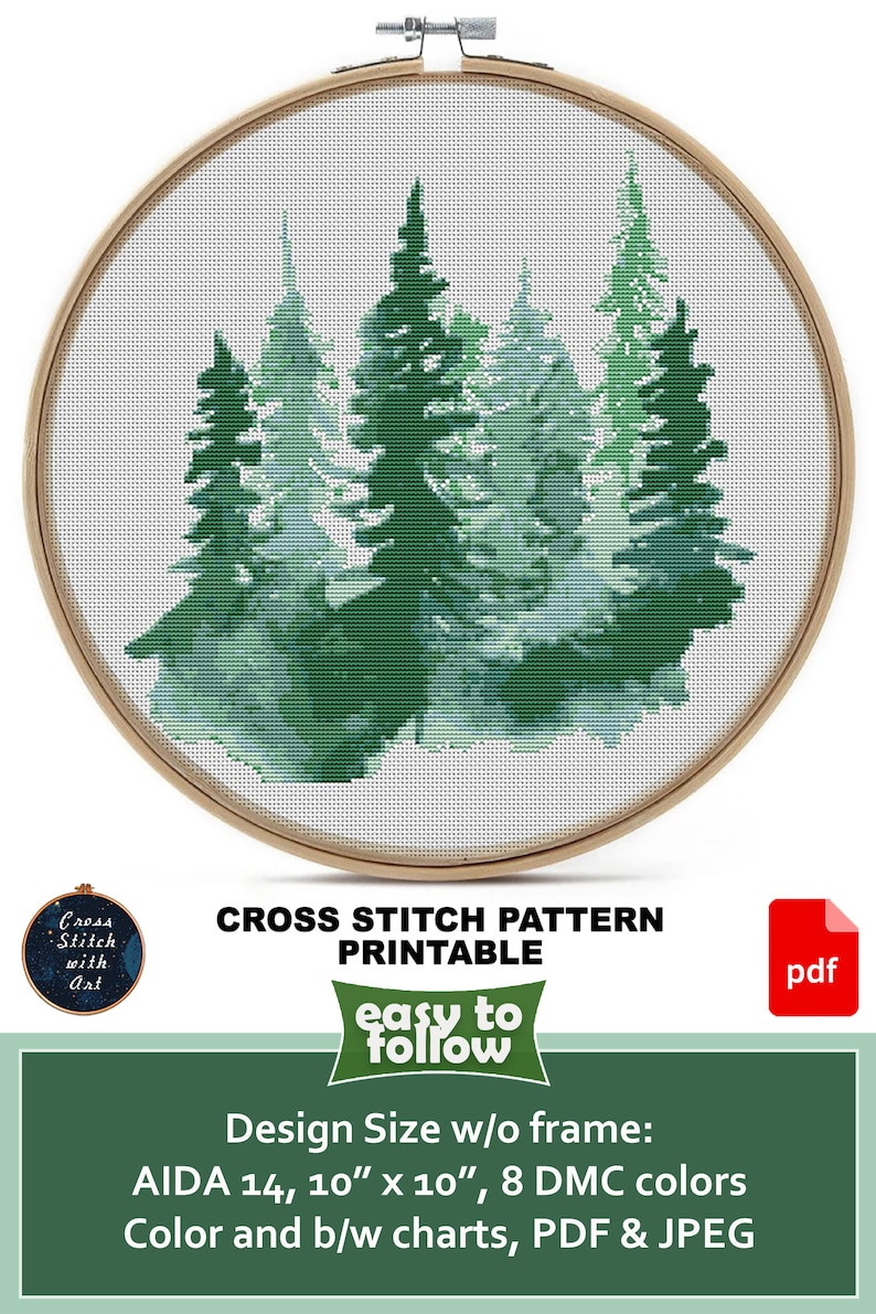 Watercolor Forest cross stitch pattern. Modern cross stitch PDF. Counted cross stitch chart, Pine tree, nature cross stitch, landscape image 3