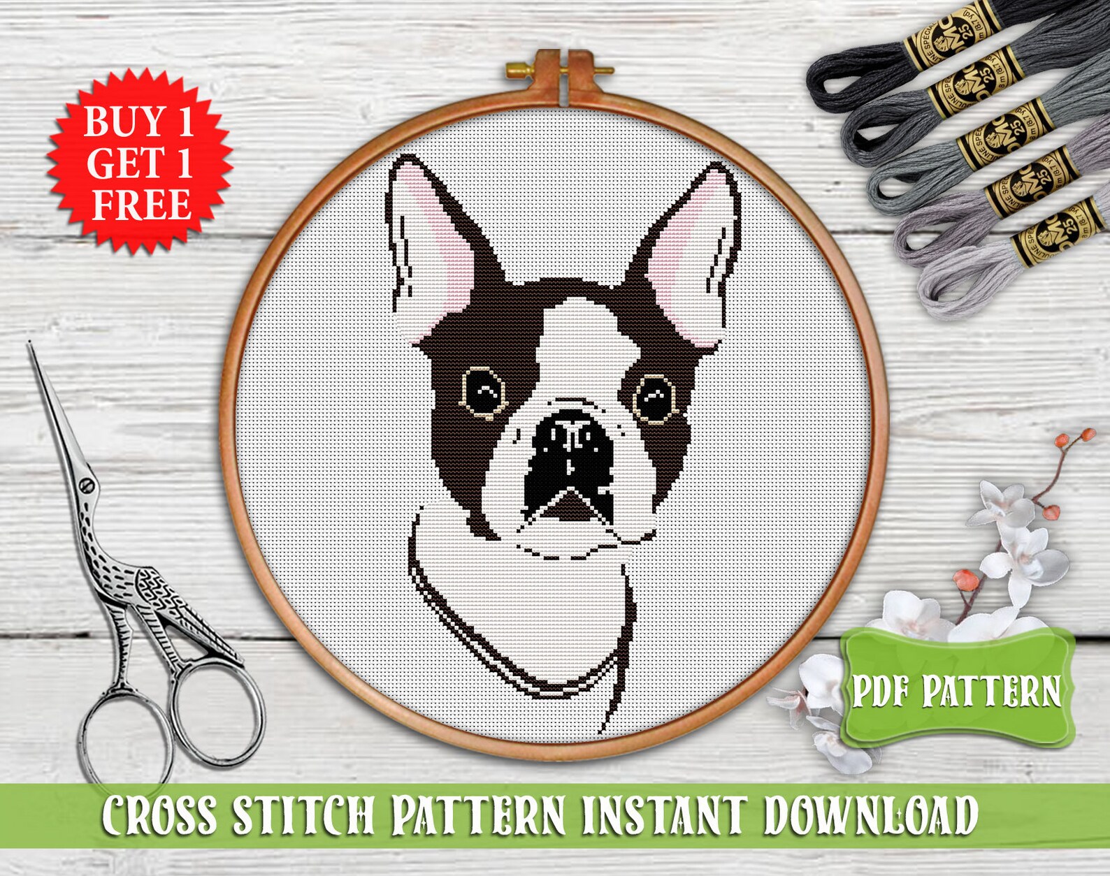 Boston Terrier Cross Stitch Pattern Modern Dog Embroidery Hoop Etsy