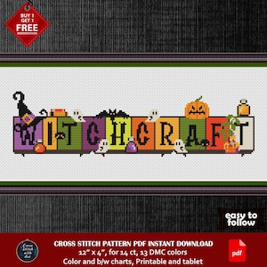 Witchcraft cross stitch pattern. Halloween cross stitch PDF. Modern counted cross stitch chart. Halloween embroidery, pumpkin, but, spider