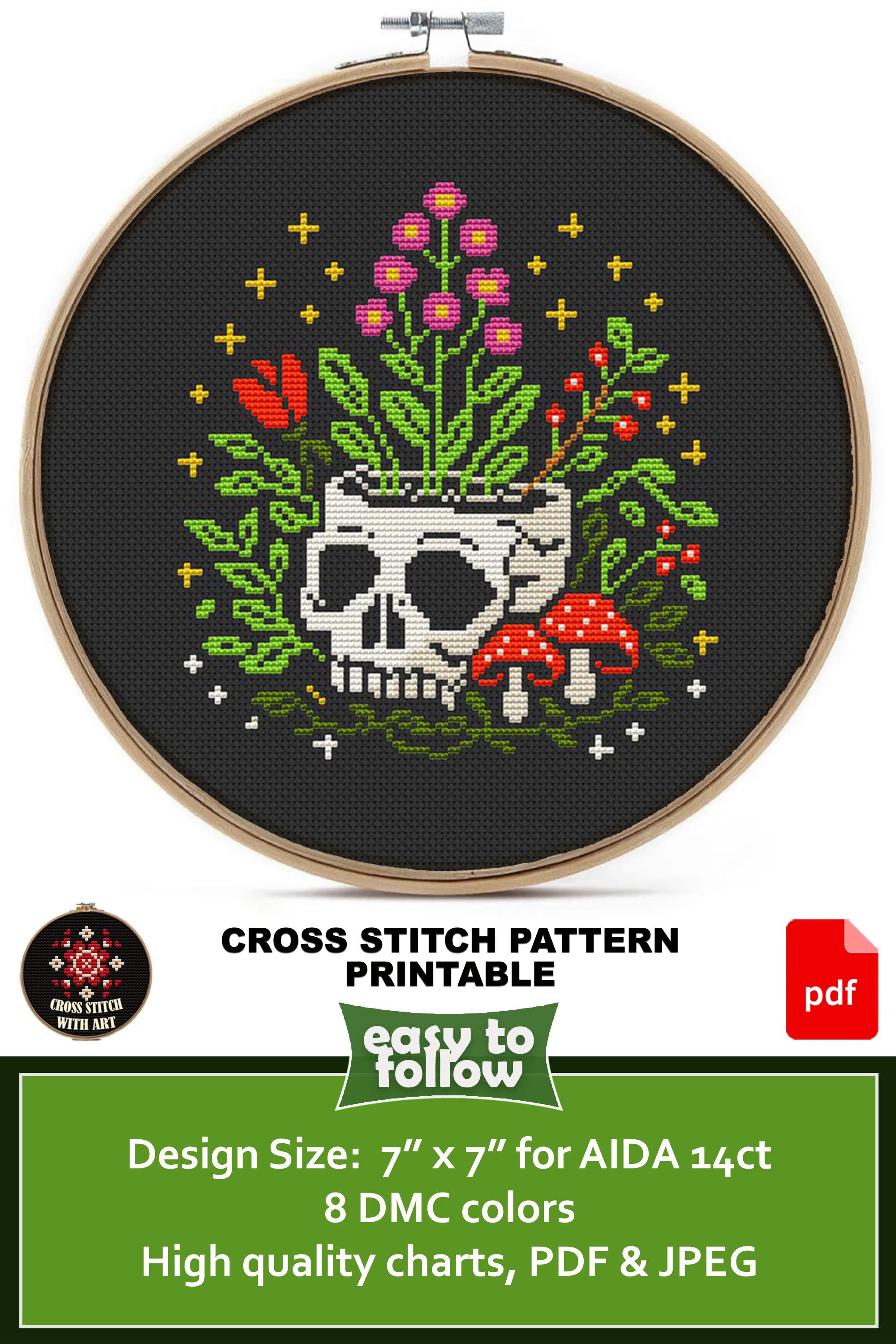 Floral Skull Cross Stitch Pattern PDF, Gothic Cottagecore Embroidery ...